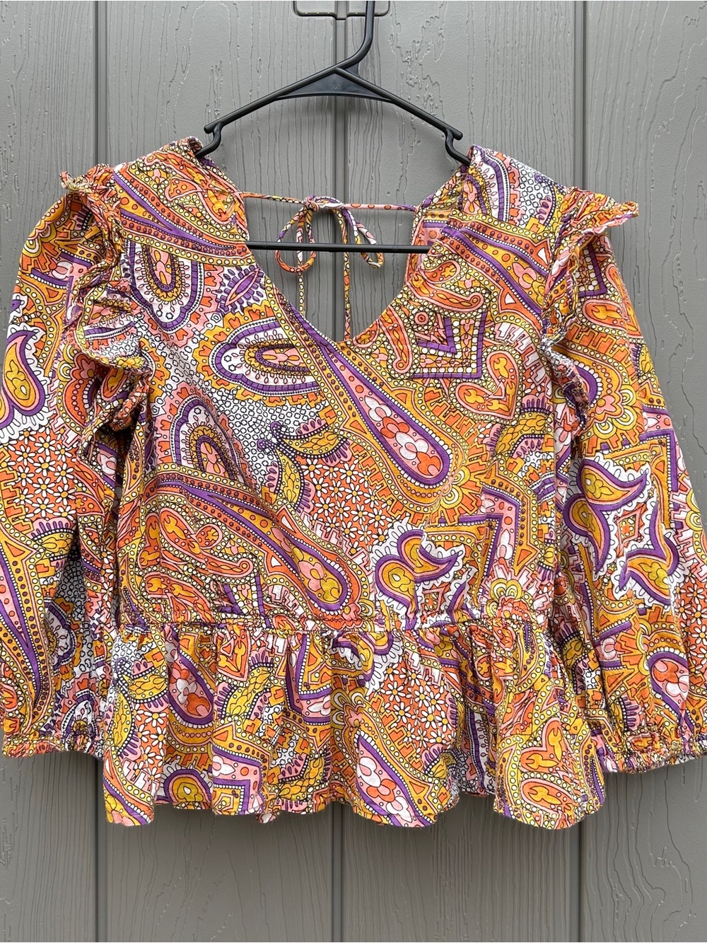 Broadway 38 Boho Chic Summer Cotton Blouse Paisley RuffledShoulders Whimsy Small
